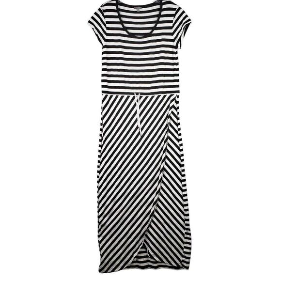 Talbots Maxi Dress Stretch Short Sleeve Size Medium M Striped Black White - Picture 2 of 8
